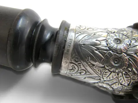 Horn & Sterling Silver Repousse Flower Corkscrew Gadget Walking Stick Cane, photo 12 of 12