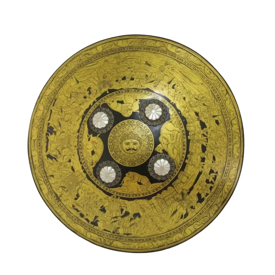 Indian CEREMONIAL Rajput Dhal SHIELD with Intricate Gold Painted Hunting Scenes