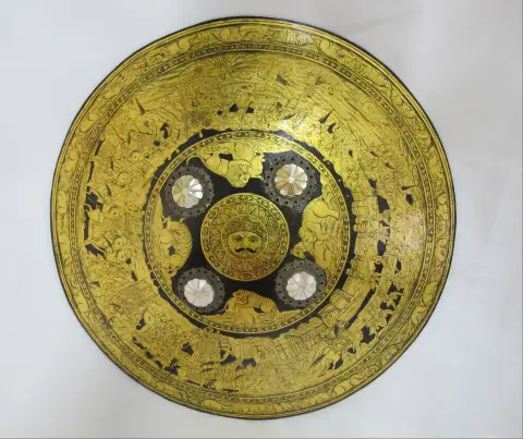 Indian Ceremonial Rajput Dhal Shield With Intricate Gold Painted Hunting Scenes, photo 2 of 12