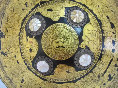 Indian Ceremonial Rajput Dhal Shield With Intricate Gold Painted Hunting Scenes, photo 3 of 12