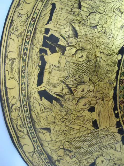 Indian Ceremonial Rajput Dhal Shield With Intricate Gold Painted Hunting Scenes, photo 5 of 12