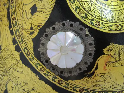 Indian Ceremonial Rajput Dhal Shield With Intricate Gold Painted Hunting Scenes, photo 6 of 12