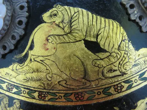 Indian Ceremonial Rajput Dhal Shield With Intricate Gold Painted Hunting Scenes, photo 9 of 12