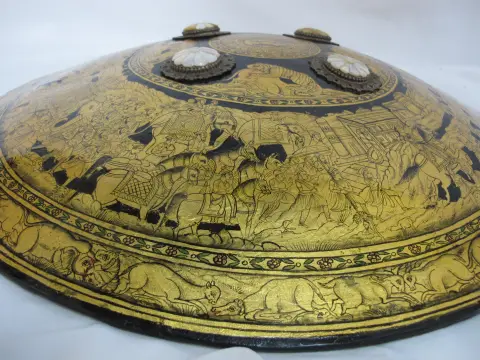 Indian Ceremonial Rajput Dhal Shield With Intricate Gold Painted Hunting Scenes, photo 10 of 12