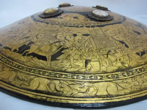 Indian Ceremonial Rajput Dhal Shield With Intricate Gold Painted Hunting Scenes, photo 11 of 12