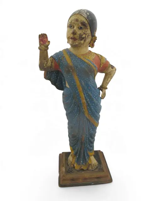 Indian Hindu Female Attendant Abhaya Mudra Carved Wood Folk Art Statue, photo 1 of 12