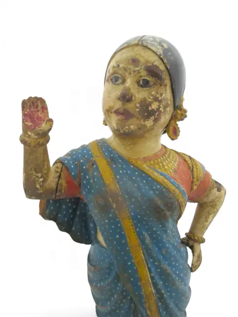 Indian Hindu Female Attendant Abhaya Mudra Carved Wood Folk Art Statue, photo 2 of 12