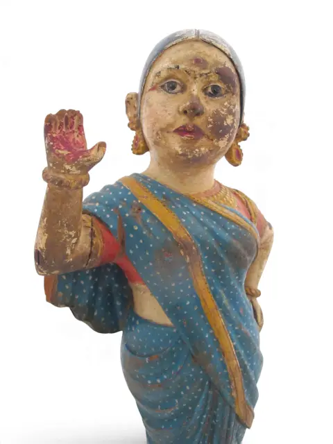 Indian Hindu Female Attendant Abhaya Mudra Carved Wood Folk Art Statue, photo 3 of 12
