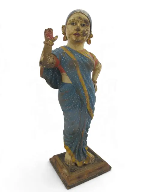 Indian Hindu Female Attendant Abhaya Mudra Carved Wood Folk Art Statue, photo 4 of 12