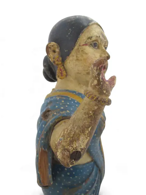 Indian Hindu Female Attendant Abhaya Mudra Carved Wood Folk Art Statue, photo 5 of 12