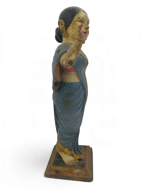 Indian Hindu Female Attendant Abhaya Mudra Carved Wood Folk Art Statue, photo 6 of 12