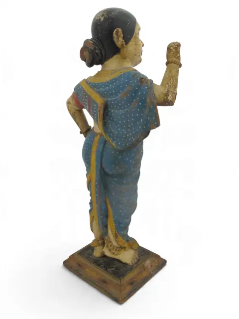 Indian Hindu Female Attendant Abhaya Mudra Carved Wood Folk Art Statue, photo 8 of 12