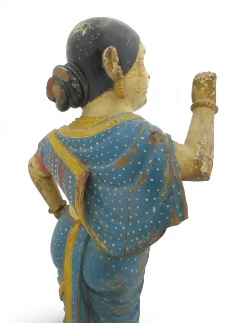 Indian Hindu Female Attendant Abhaya Mudra Carved Wood Folk Art Statue, photo 9 of 12
