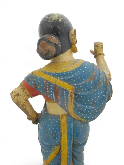 Indian Hindu Female Attendant Abhaya Mudra Carved Wood Folk Art Statue, photo 10 of 12