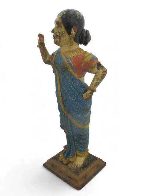 Indian Hindu Female Attendant Abhaya Mudra Carved Wood Folk Art Statue, photo 12 of 12