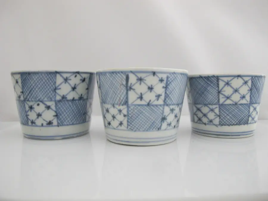 JAPANESE Edo Blue & White Patchwork SOBA CHOKO Noodle Bowl or TEA Cup Set of 3