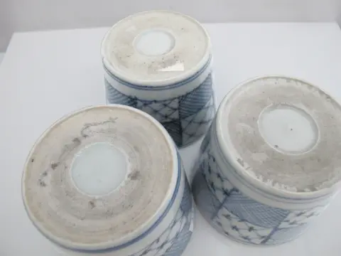 Japanese Edo Blue & White Patchwork Soba Choko Noodle Bowl or Tea Cup Set of 3, photo 8 of 8