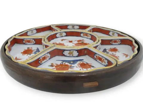 Japanese Lazy Susan Imari Porcelain Butterfly & Flower Rotating Serving Dish Set, photo 5 of 12