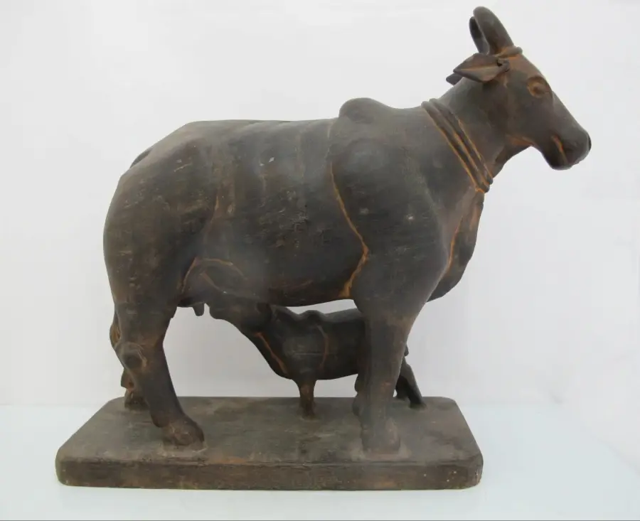 KAMADHENU Wooden COW & CALF Rustic Hand Carved India Hindu FOLK ART Sculpture