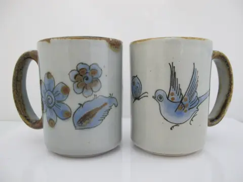 Ken Edwards El Palomar Blue Bird Flowers Mexican Tonala Folk Art Coffee Cup Pair, photo 1 of 11