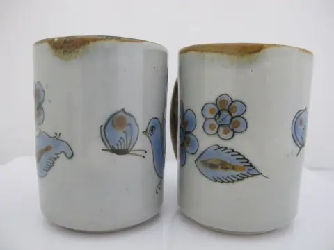 Ken Edwards El Palomar Blue Bird Flowers Mexican Tonala Folk Art Coffee Cup Pair, photo 2 of 11