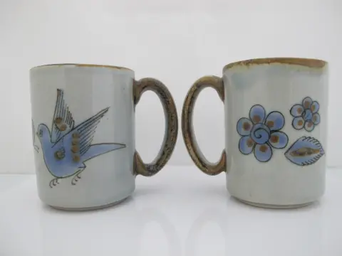 Ken Edwards El Palomar Blue Bird Flowers Mexican Tonala Folk Art Coffee Cup Pair, photo 3 of 11