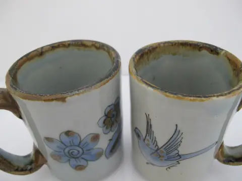 Ken Edwards El Palomar Blue Bird Flowers Mexican Tonala Folk Art Coffee Cup Pair, photo 5 of 11