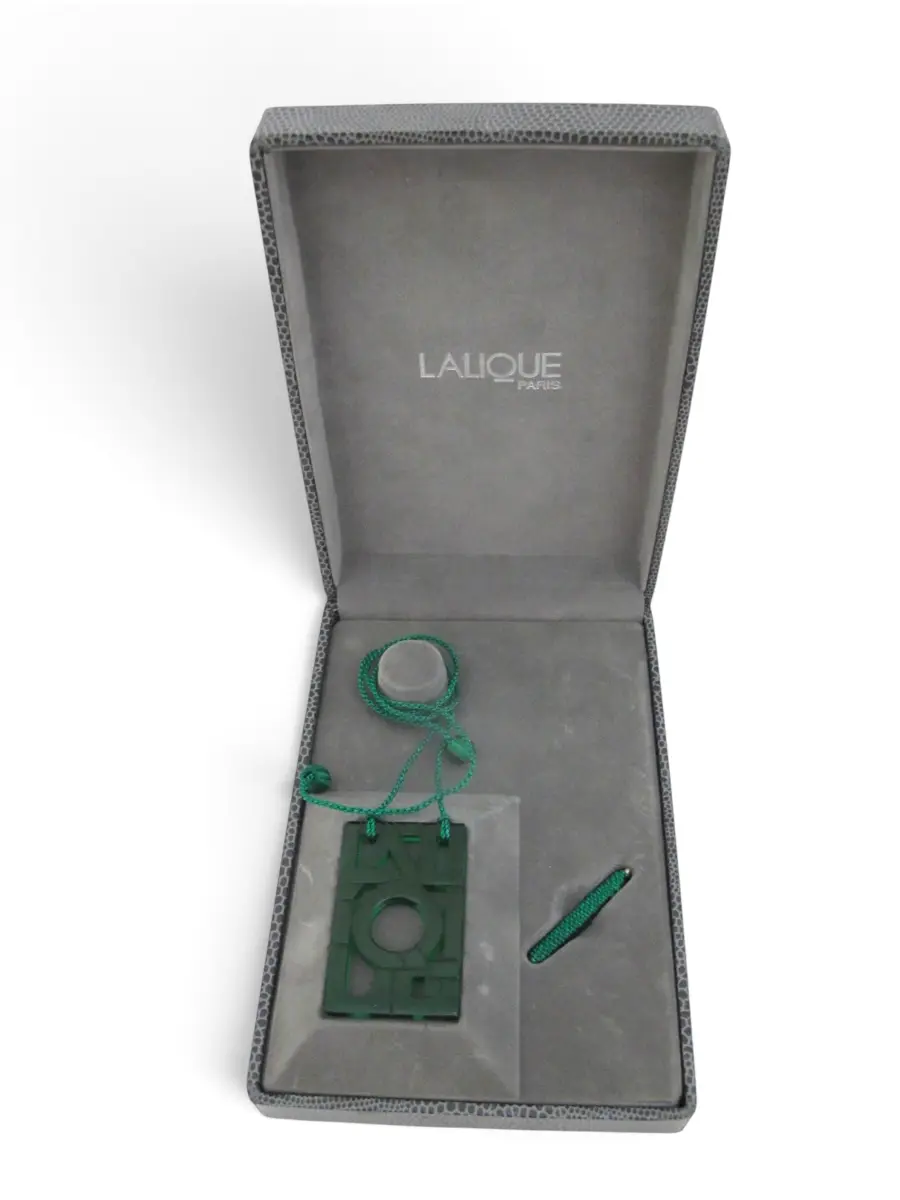 LALIQUE Green Crystal Art Deco Style LOGO Necklace Brooch Pin in Original Box