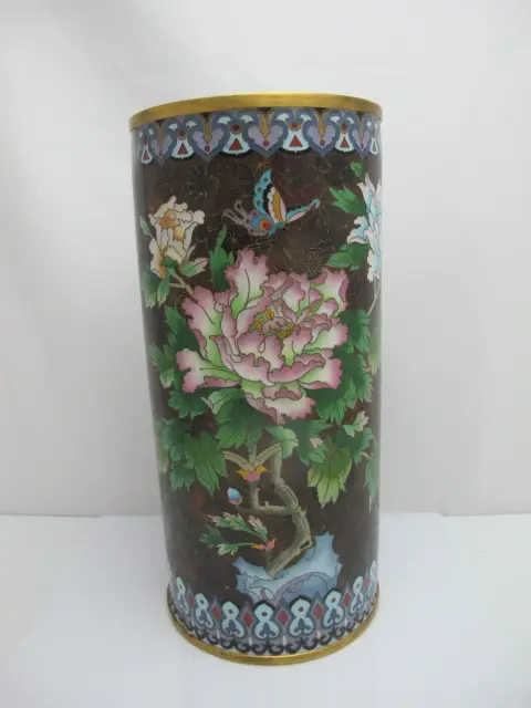 Large Cloisonne Enamel Flower & Butterfly Vase or Umbrella Stand, photo 1 of 12