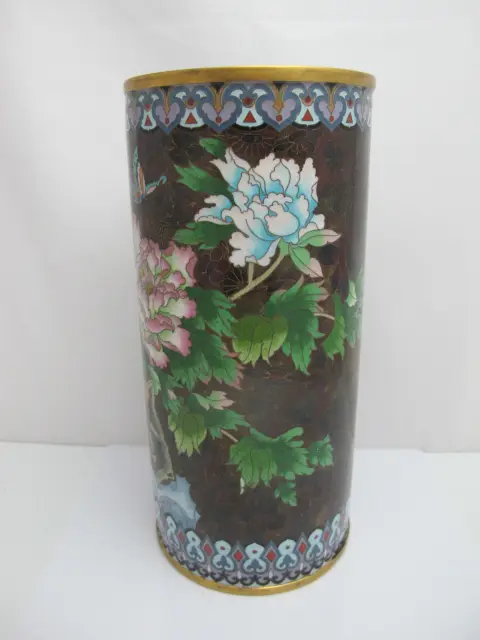 Large Cloisonne Enamel Flower & Butterfly Vase or Umbrella Stand, photo 2 of 12