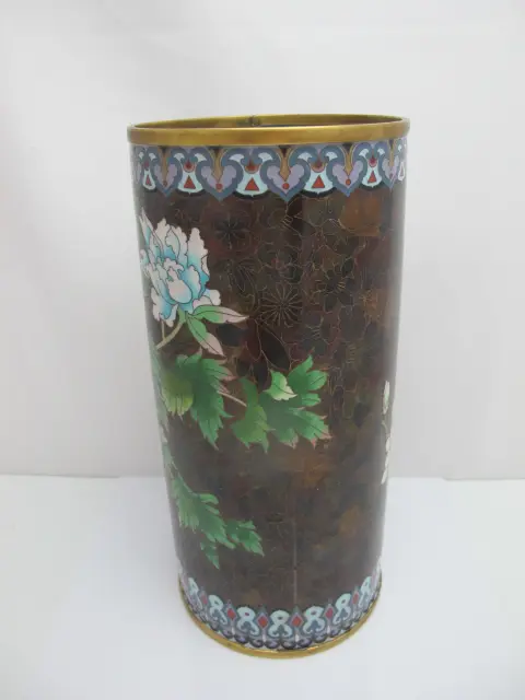 Large Cloisonne Enamel Flower & Butterfly Vase or Umbrella Stand, photo 3 of 12