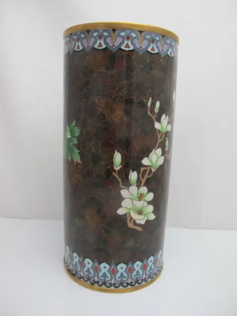 Large Cloisonne Enamel Flower & Butterfly Vase or Umbrella Stand, photo 4 of 12