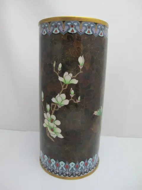 Large Cloisonne Enamel Flower & Butterfly Vase or Umbrella Stand, photo 5 of 12