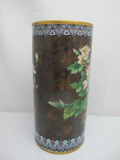 Large Cloisonne Enamel Flower & Butterfly Vase or Umbrella Stand, photo 6 of 12