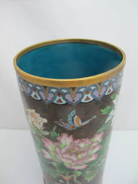 Large Cloisonne Enamel Flower & Butterfly Vase or Umbrella Stand, photo 7 of 12