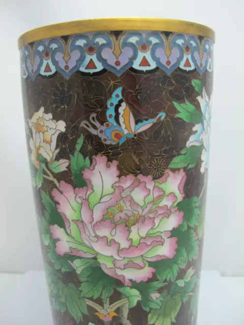 Large Cloisonne Enamel Flower & Butterfly Vase or Umbrella Stand, photo 8 of 12