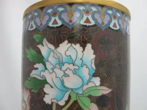 Large Cloisonne Enamel Flower & Butterfly Vase or Umbrella Stand, photo 10 of 12