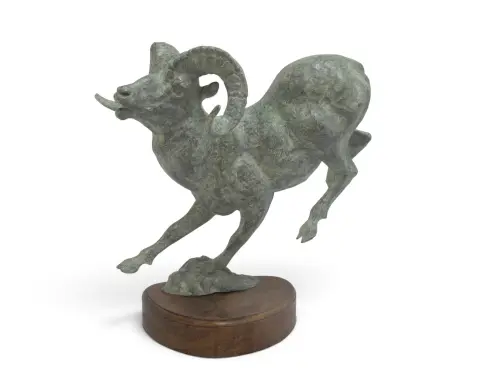 Large Leaping Bighorn Sheep Ram Verdigris Patina Metal Sculpture, photo 1 of 12
