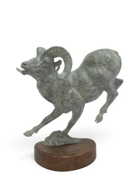Large Leaping Bighorn Sheep Ram Verdigris Patina Metal Sculpture, photo 2 of 12