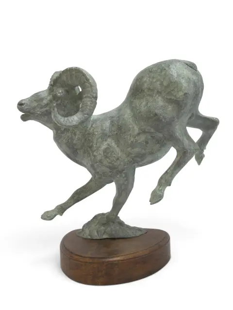 Large Leaping Bighorn Sheep Ram Verdigris Patina Metal Sculpture, photo 3 of 12