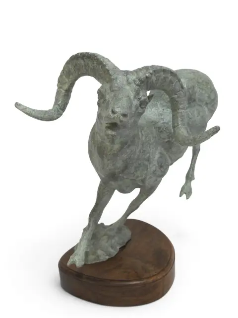 Large Leaping Bighorn Sheep Ram Verdigris Patina Metal Sculpture, photo 5 of 12