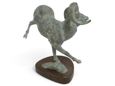 Large Leaping Bighorn Sheep Ram Verdigris Patina Metal Sculpture, photo 7 of 12