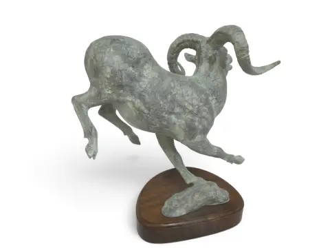 Large Leaping Bighorn Sheep Ram Verdigris Patina Metal Sculpture, photo 8 of 12