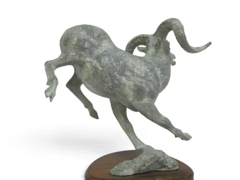 Large Leaping Bighorn Sheep Ram Verdigris Patina Metal Sculpture, photo 9 of 12