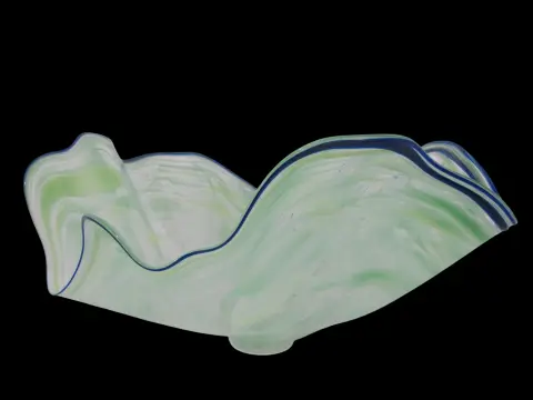 Large Seaform Blue Green Ruffled Pilchuck Studio Hand Blown Art Glass Bowl, photo 2 of 12