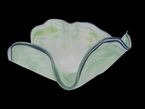 Large Seaform Blue Green Ruffled Pilchuck Studio Hand Blown Art Glass Bowl, photo 3 of 12