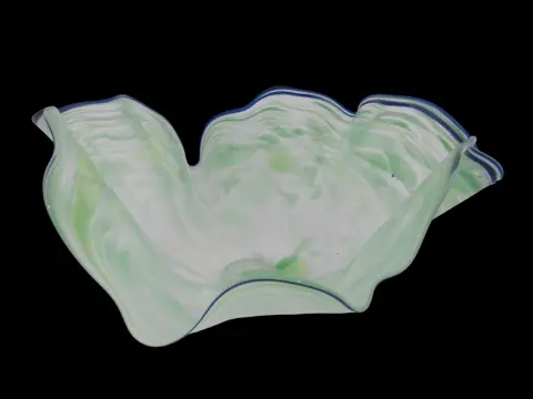 Large Seaform Blue Green Ruffled Pilchuck Studio Hand Blown Art Glass Bowl, photo 4 of 12