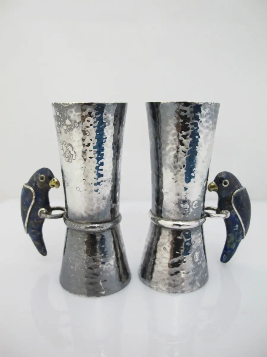 LOS CASTILLO Taxco Mexico Silver Lapis Lazuli PARROT Shot Glass Pair