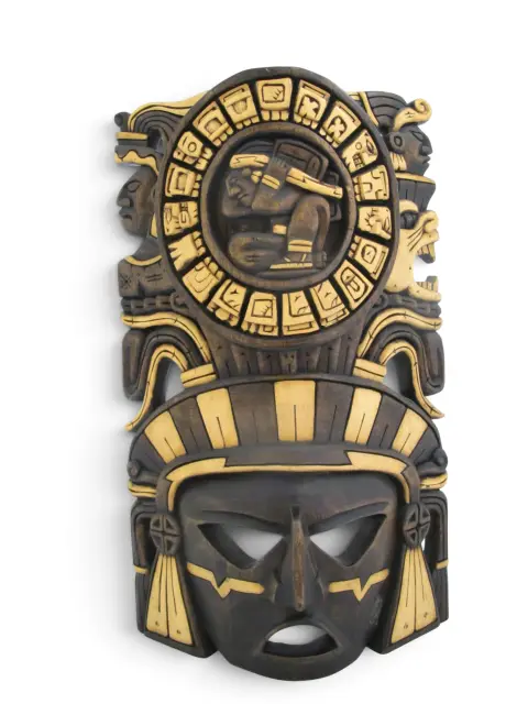 Mexican Hand Carved Wood Aztec/Mayan Warrior Headdress Calendar Wall Mask, photo 1 of 10