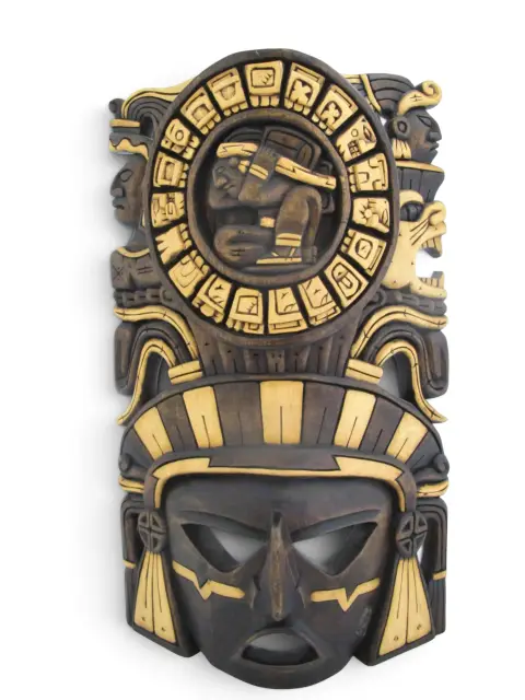 Mexican Hand Carved Wood Aztec/Mayan Warrior Headdress Calendar Wall Mask, photo 2 of 10